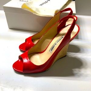 Very Good condition red Manolo Blahnik wedges 36.5